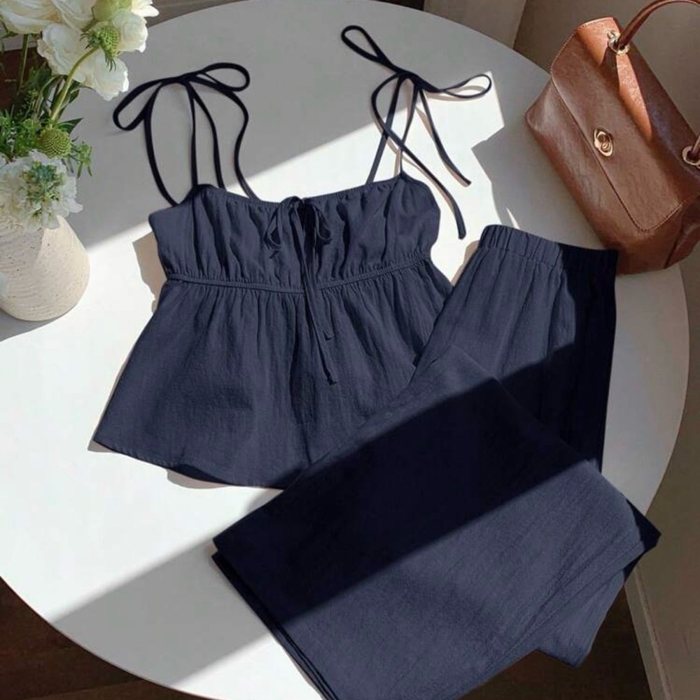 SHEIN Comfortcana Summer Casual Woven Navy Blue Linen Camisole And Trousers Set